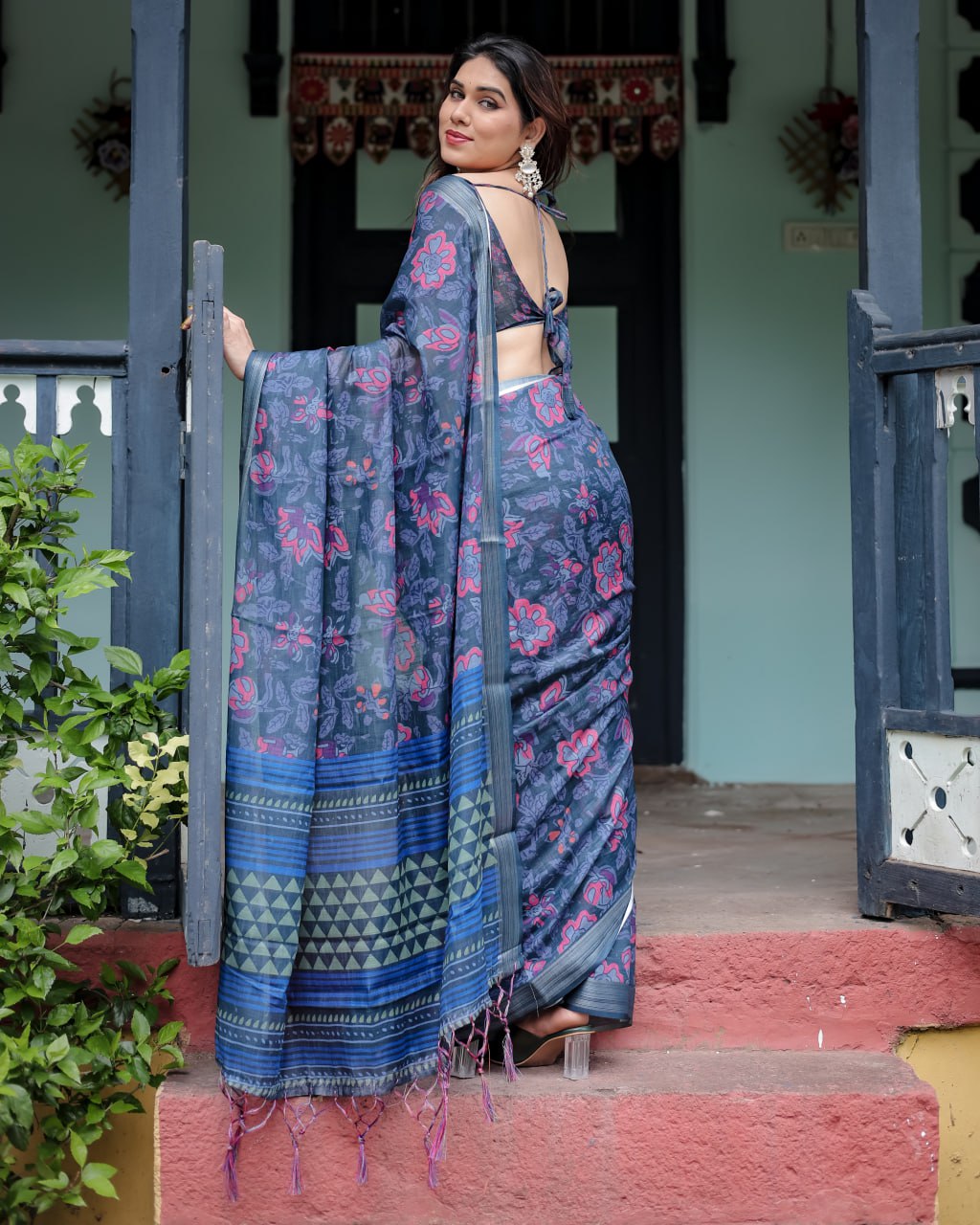 Indigo Bloom Linen Cotton Saree