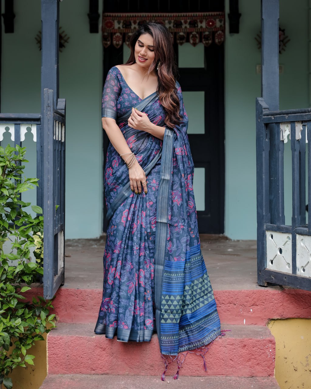 Indigo Bloom Linen Cotton Saree