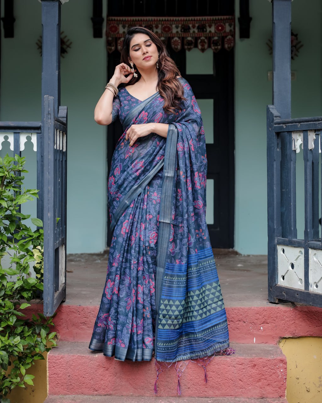 Indigo Bloom Linen Cotton Saree