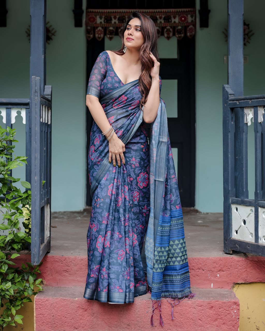 Indigo Bloom Linen Cotton Saree