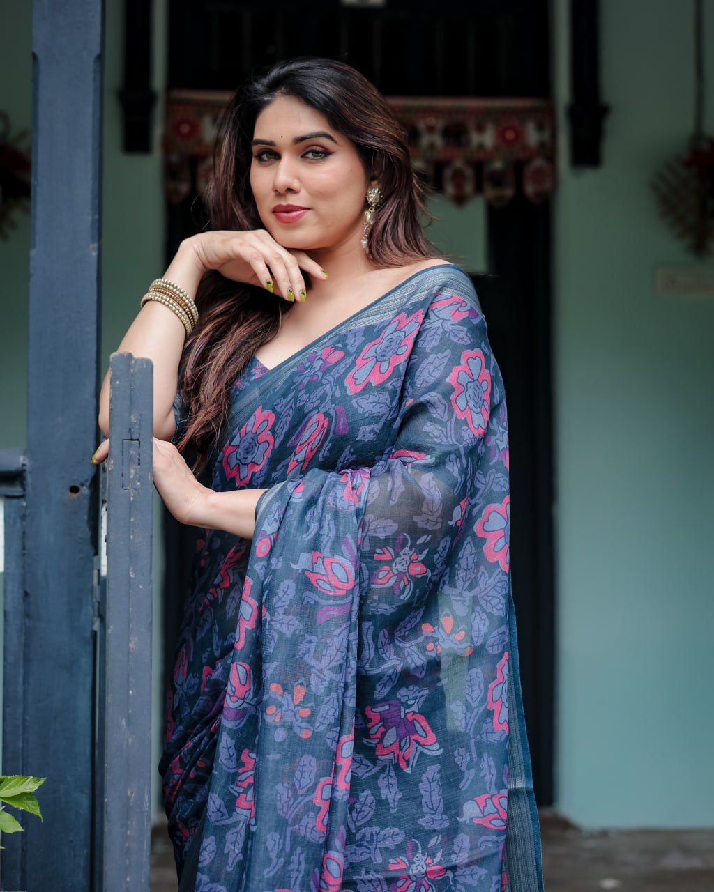 Indigo Bloom Linen Cotton Saree