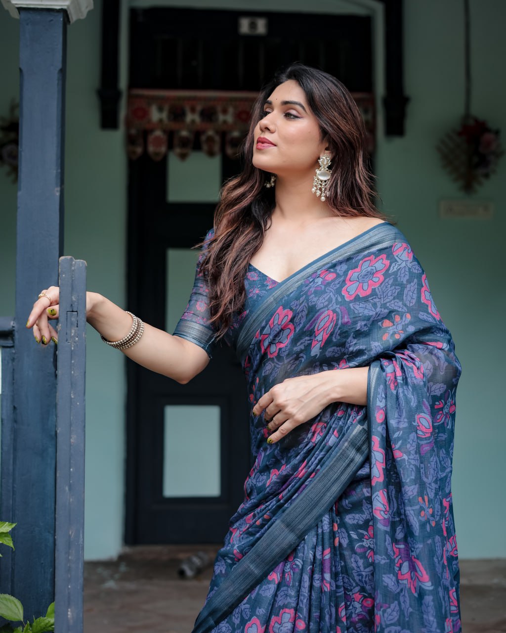 Indigo Bloom Linen Cotton Saree