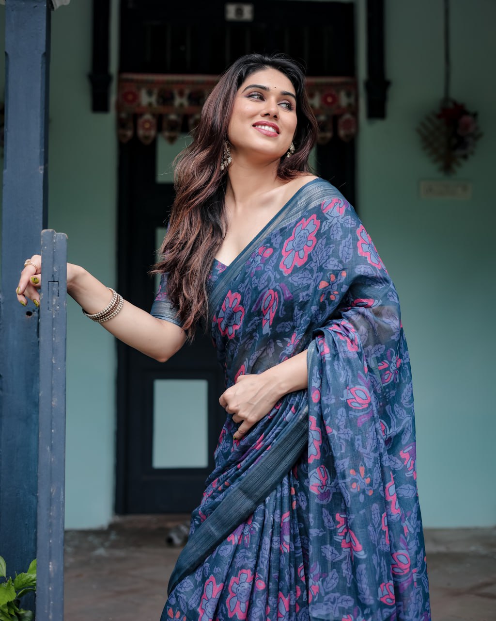 Indigo Bloom Linen Cotton Saree