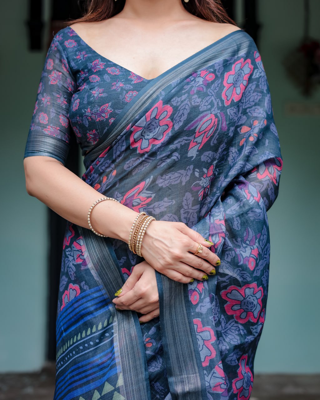 Indigo Bloom Linen Cotton Saree