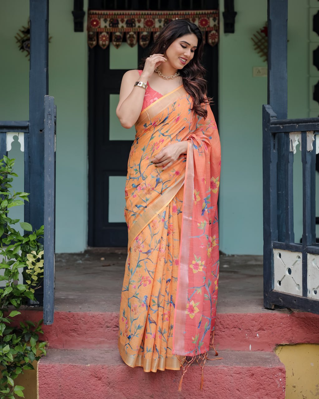 Peach Blossom Linen Cotton Saree