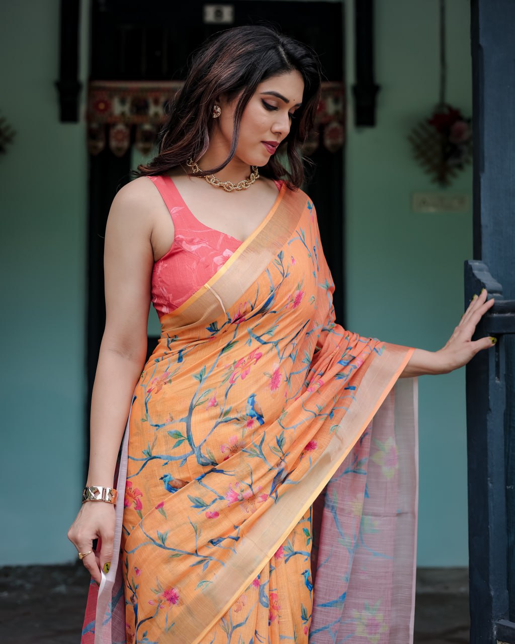 Peach Blossom Linen Cotton Saree