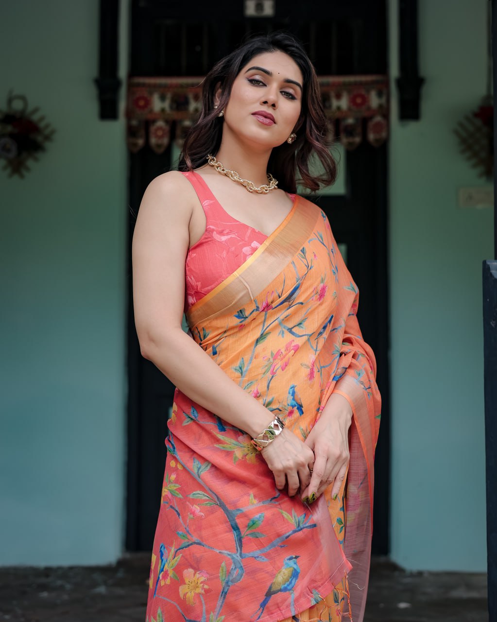 Peach Blossom Linen Cotton Saree