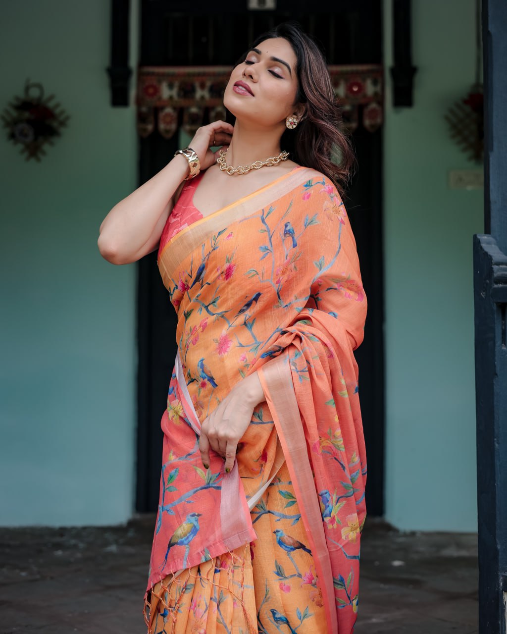 Peach Blossom Linen Cotton Saree