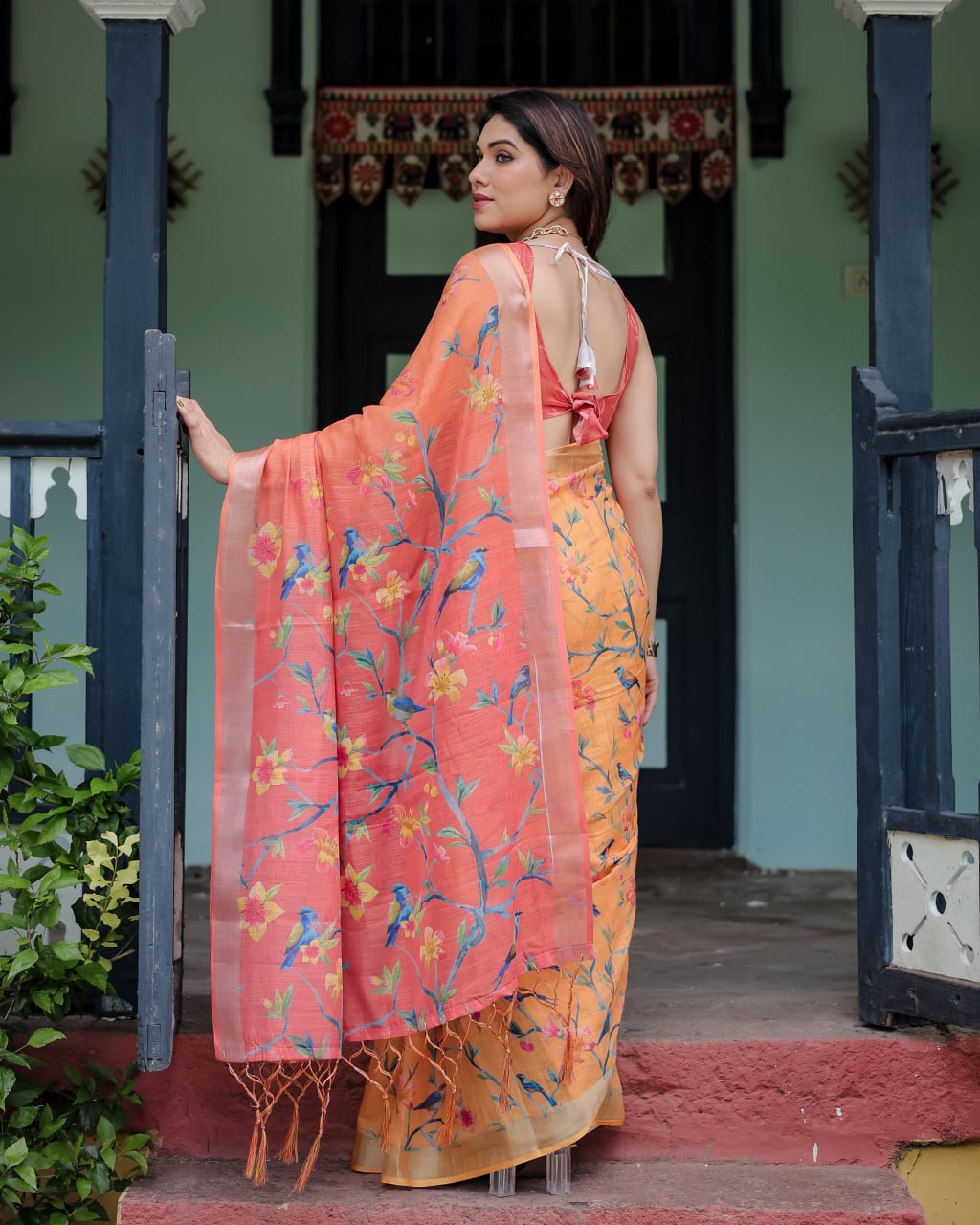 Peach Blossom Linen Cotton Saree