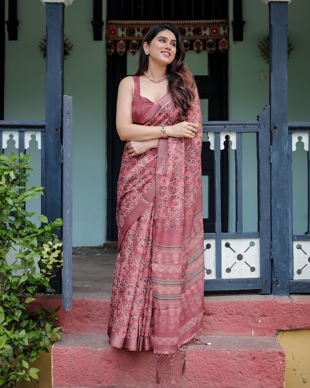 : Maroon Heritage Linen Cotton Saree