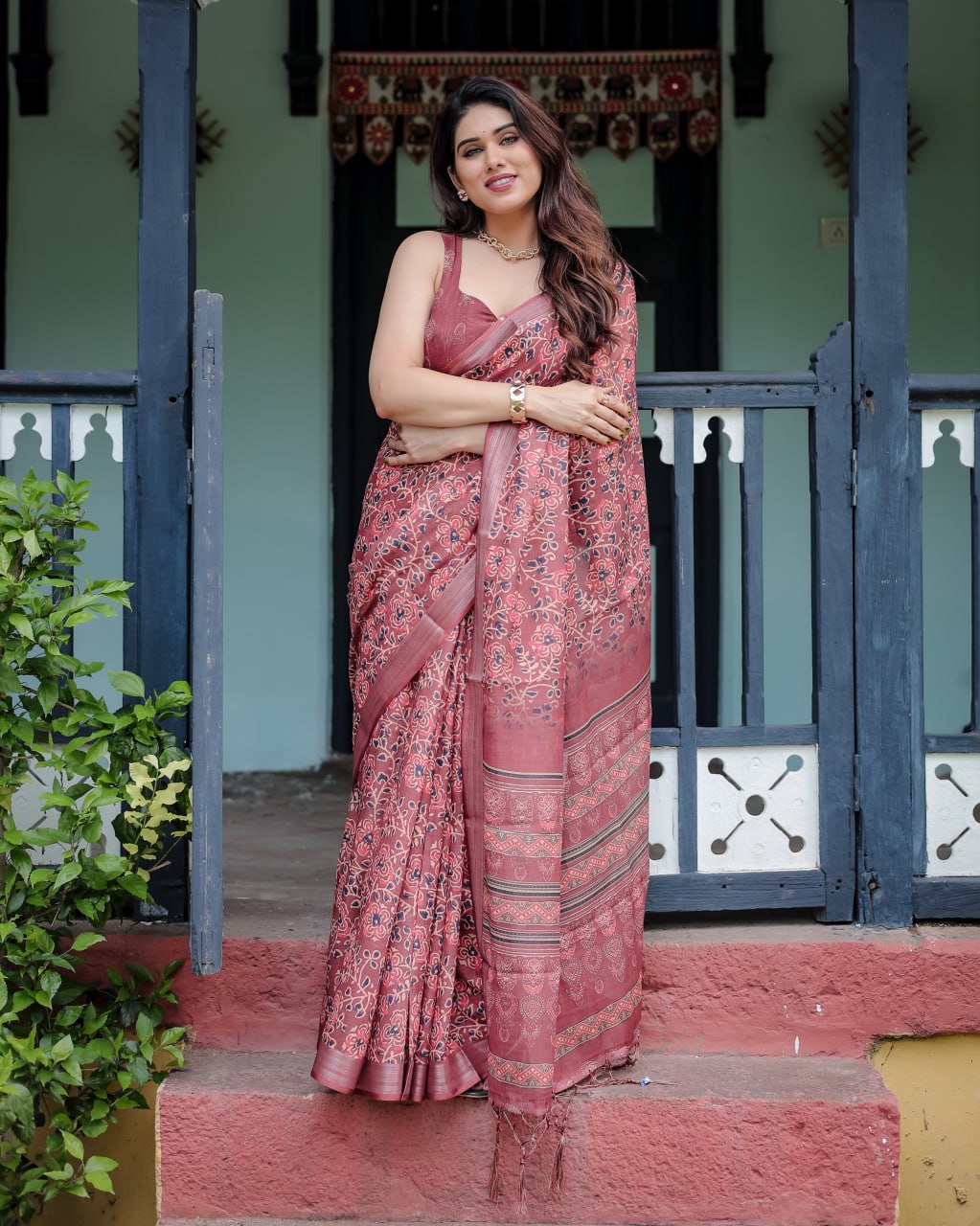 : Maroon Heritage Linen Cotton Saree
