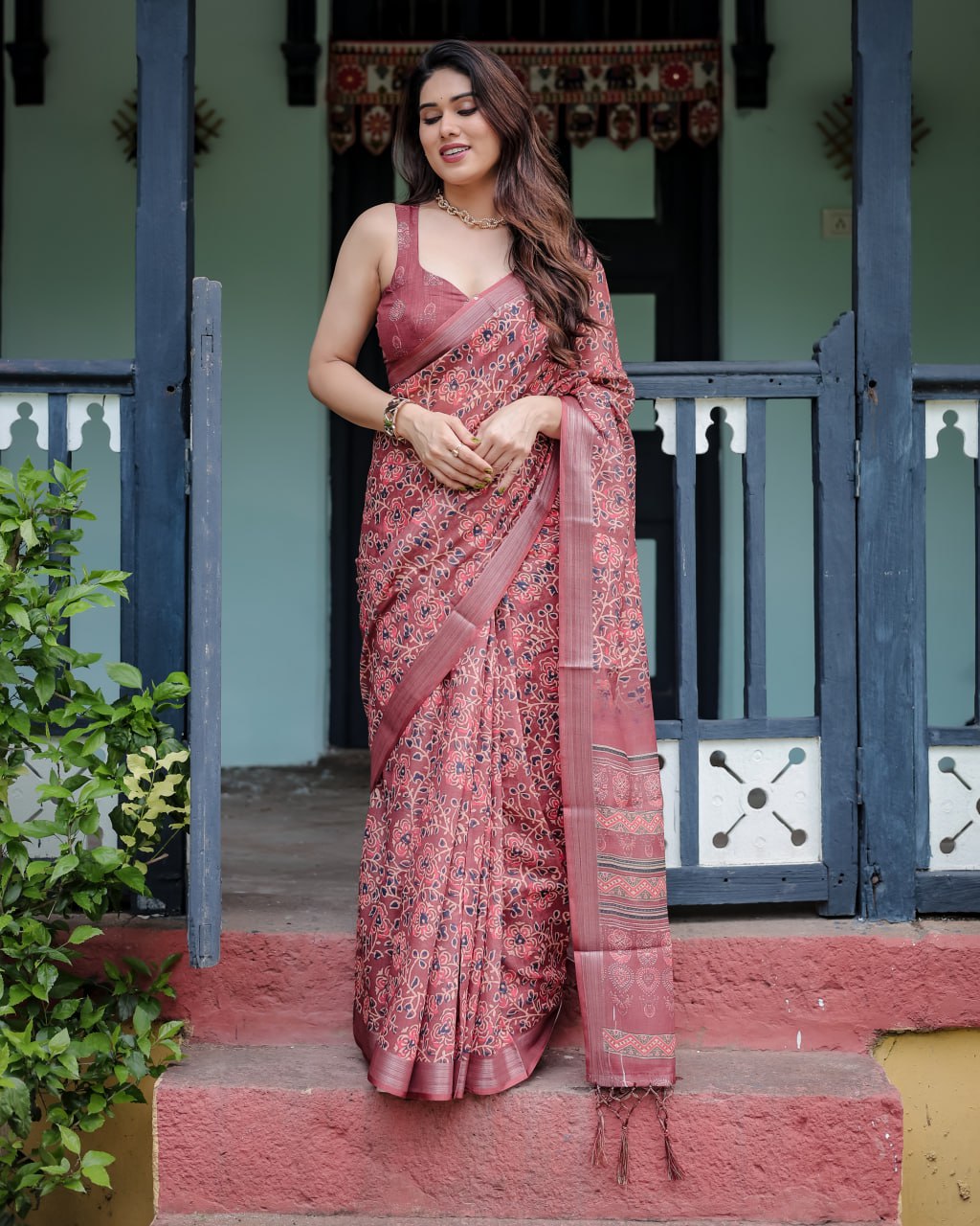 : Maroon Heritage Linen Cotton Saree