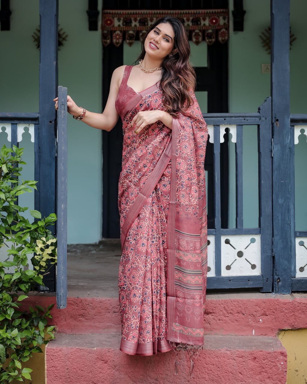 : Maroon Heritage Linen Cotton Saree