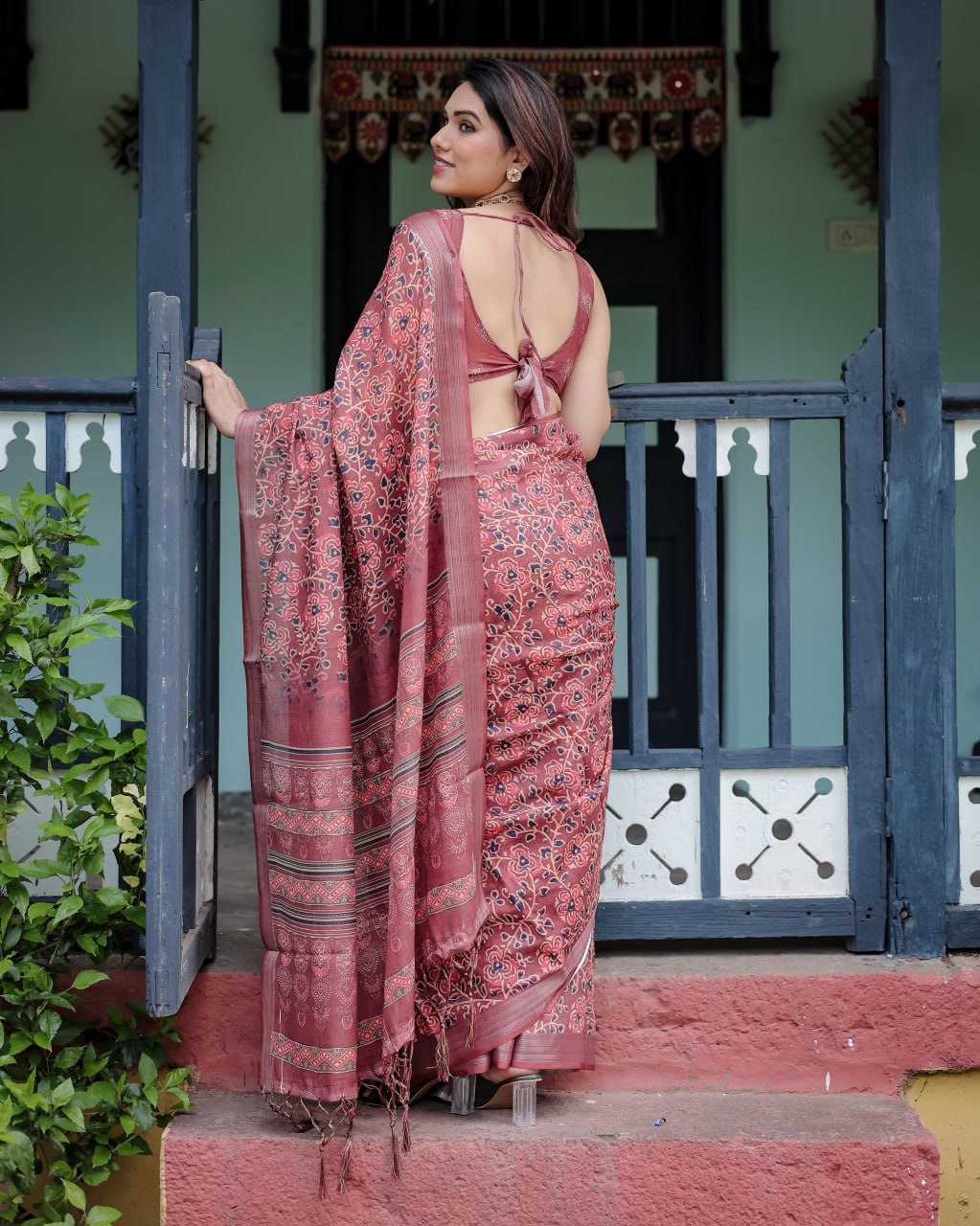 : Maroon Heritage Linen Cotton Saree