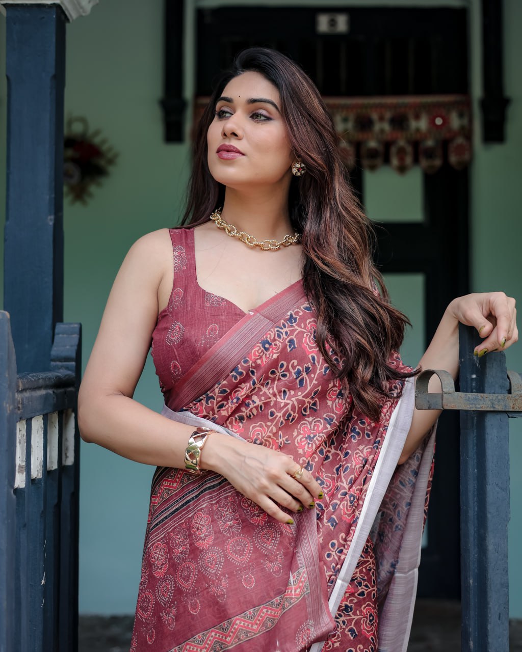 : Maroon Heritage Linen Cotton Saree