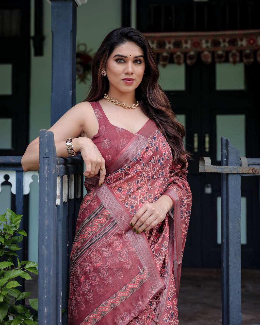 : Maroon Heritage Linen Cotton Saree