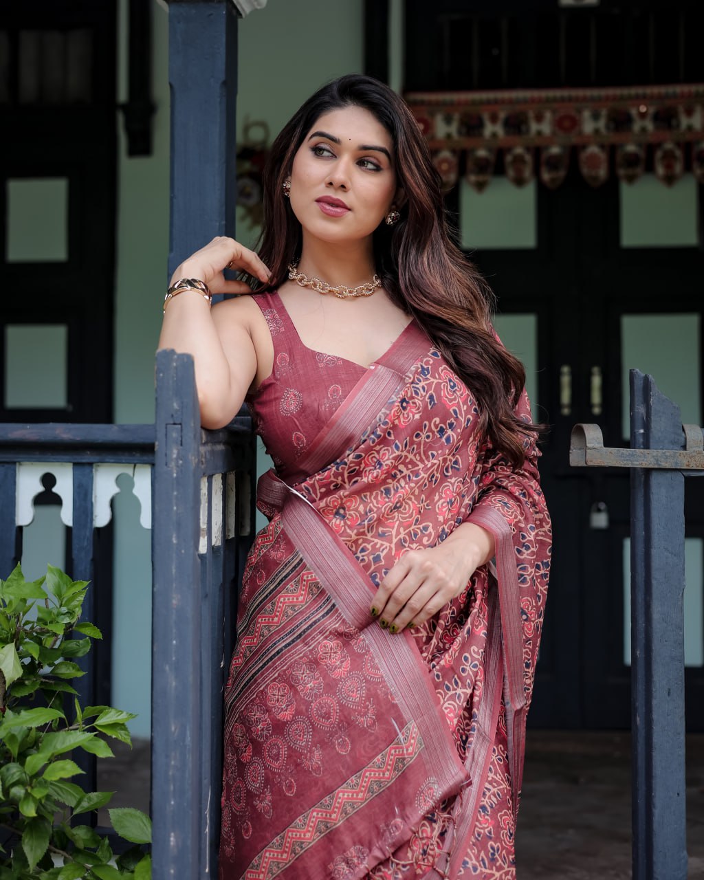 : Maroon Heritage Linen Cotton Saree