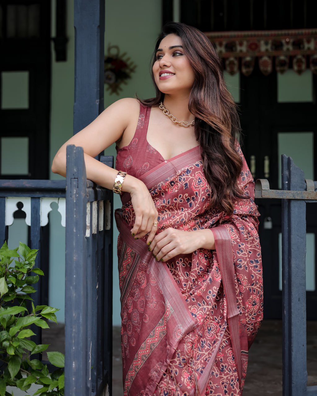 : Maroon Heritage Linen Cotton Saree