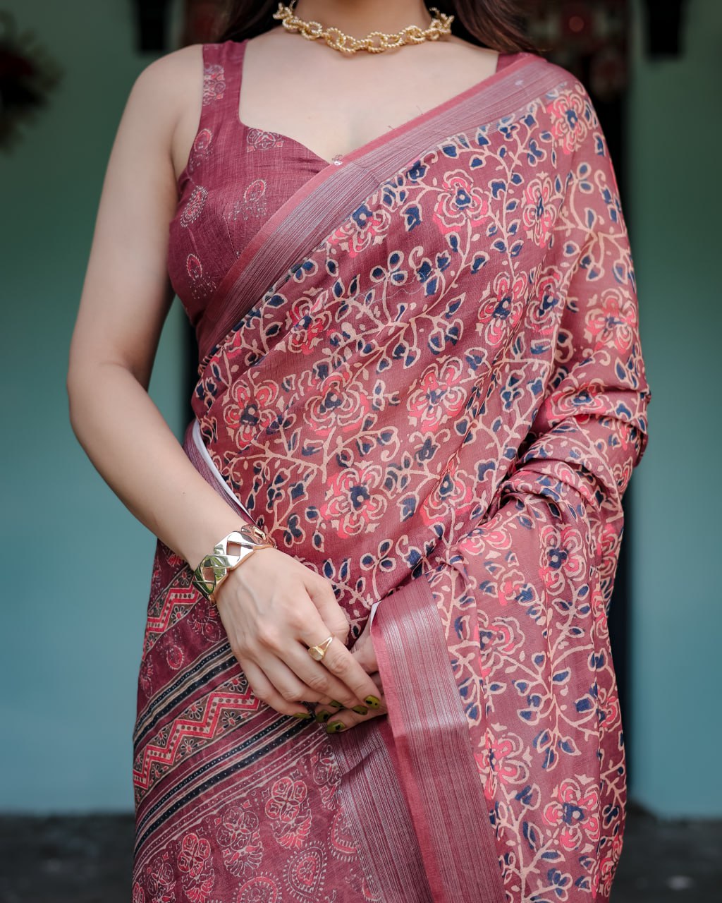 : Maroon Heritage Linen Cotton Saree