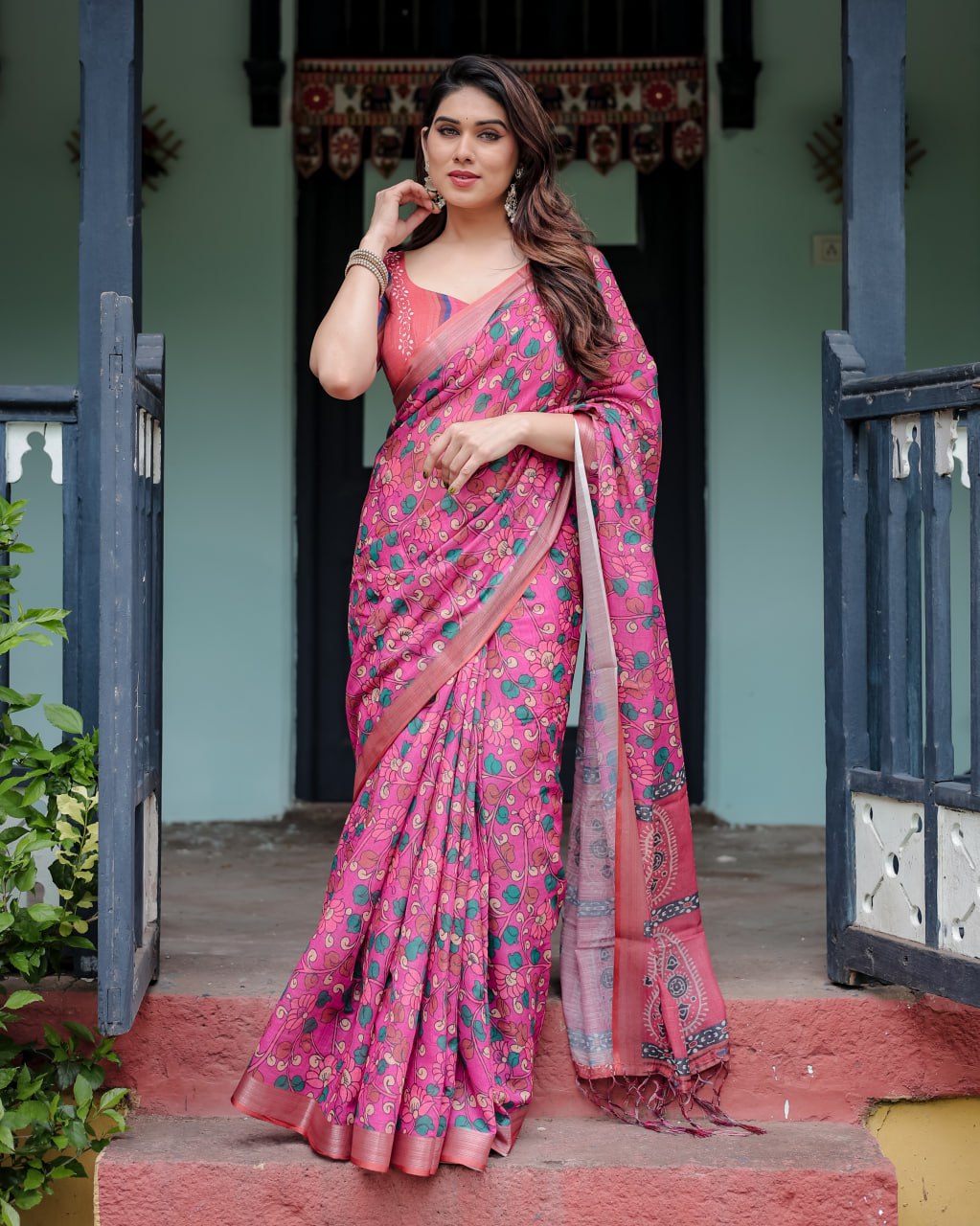 Pink Floral Charm Linen Cotton Saree