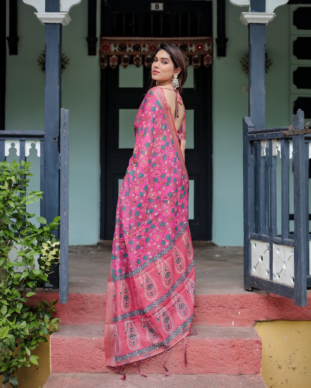 Pink Floral Charm Linen Cotton Saree