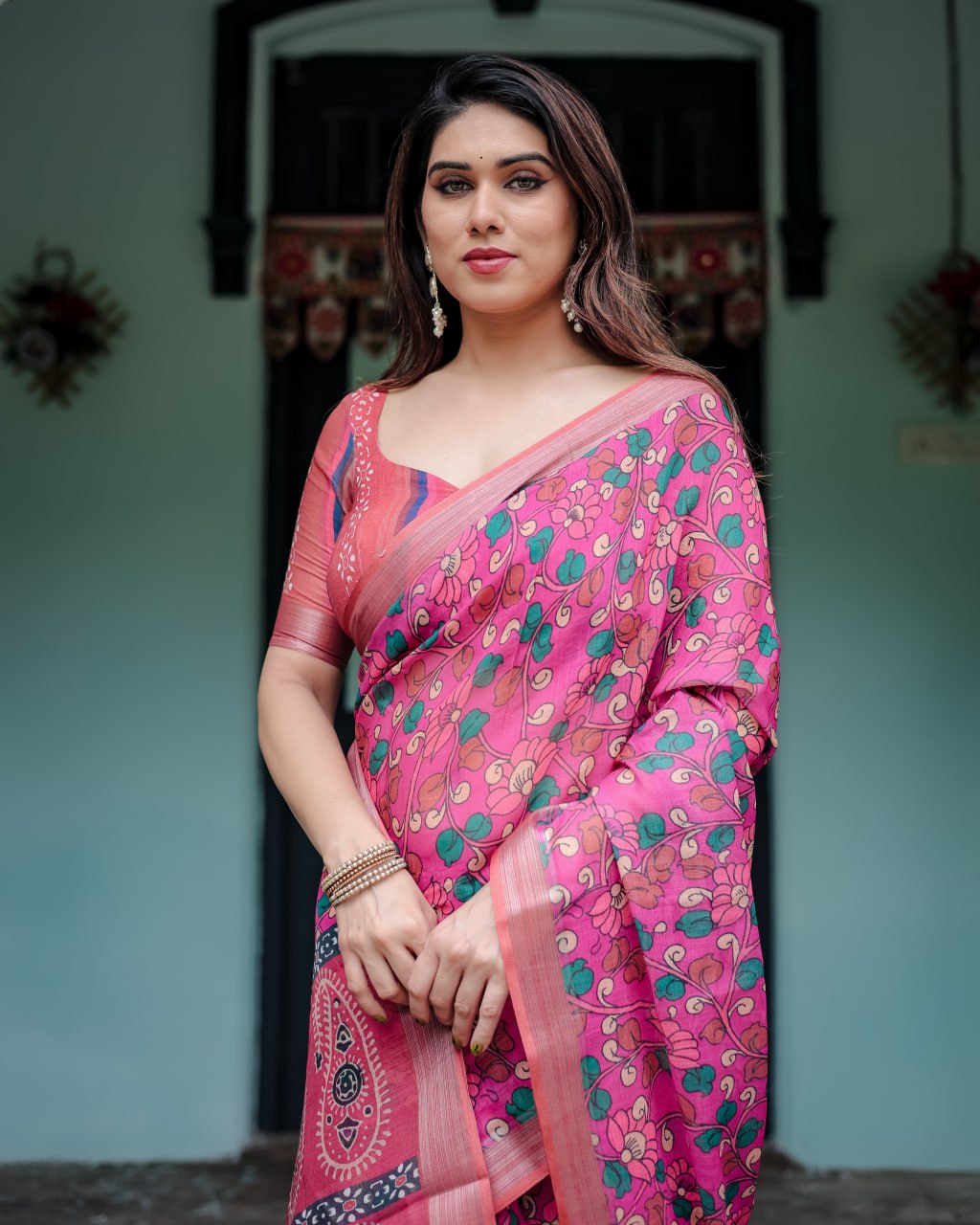 Pink Floral Charm Linen Cotton Saree