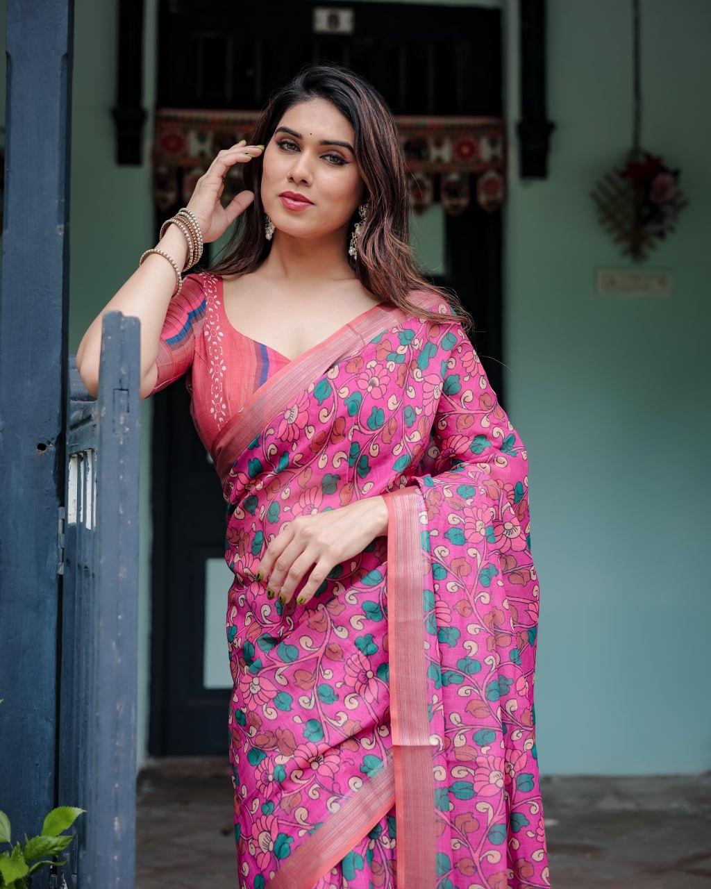 Pink Floral Charm Linen Cotton Saree