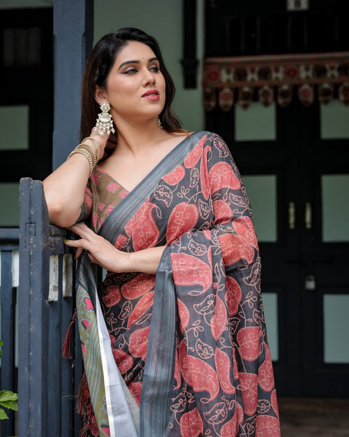 Charcoal Leaf Motif Linen Cotton Saree