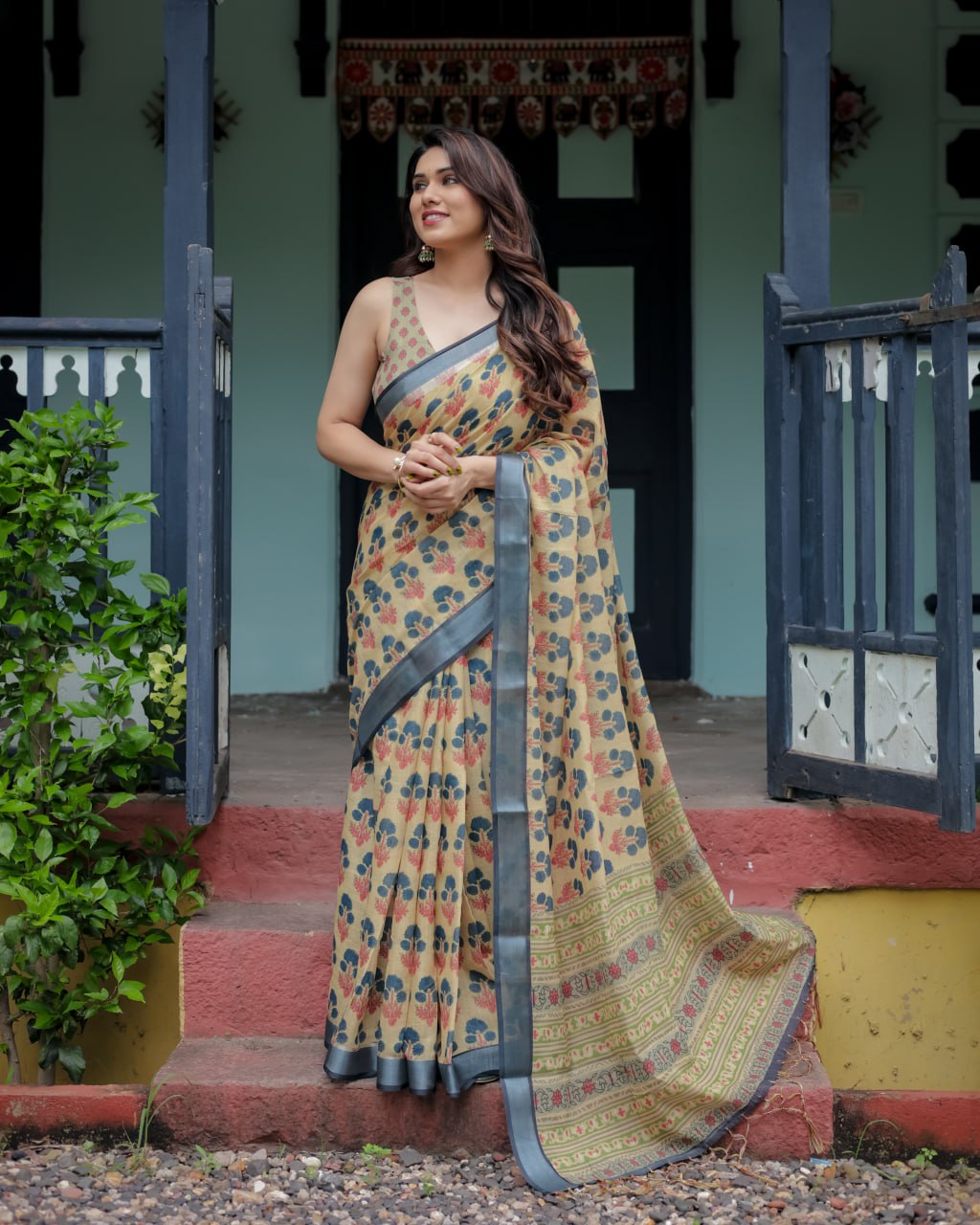 Olive Bloom Linen Cotton Saree