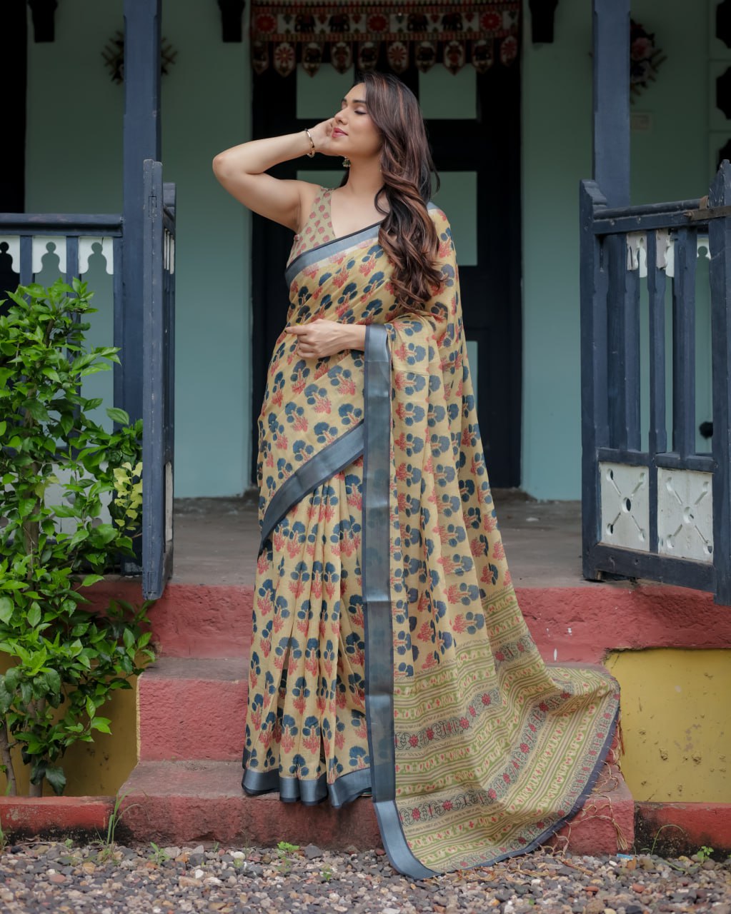 Olive Bloom Linen Cotton Saree