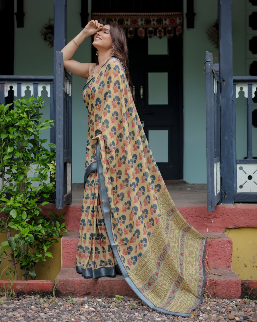 Olive Bloom Linen Cotton Saree