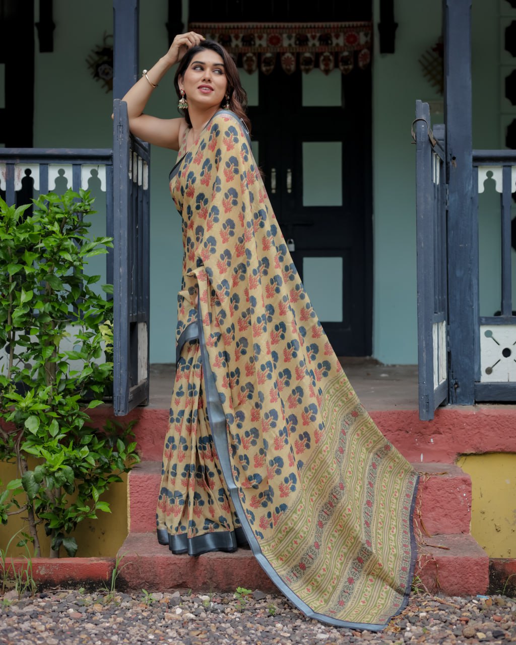 Olive Bloom Linen Cotton Saree