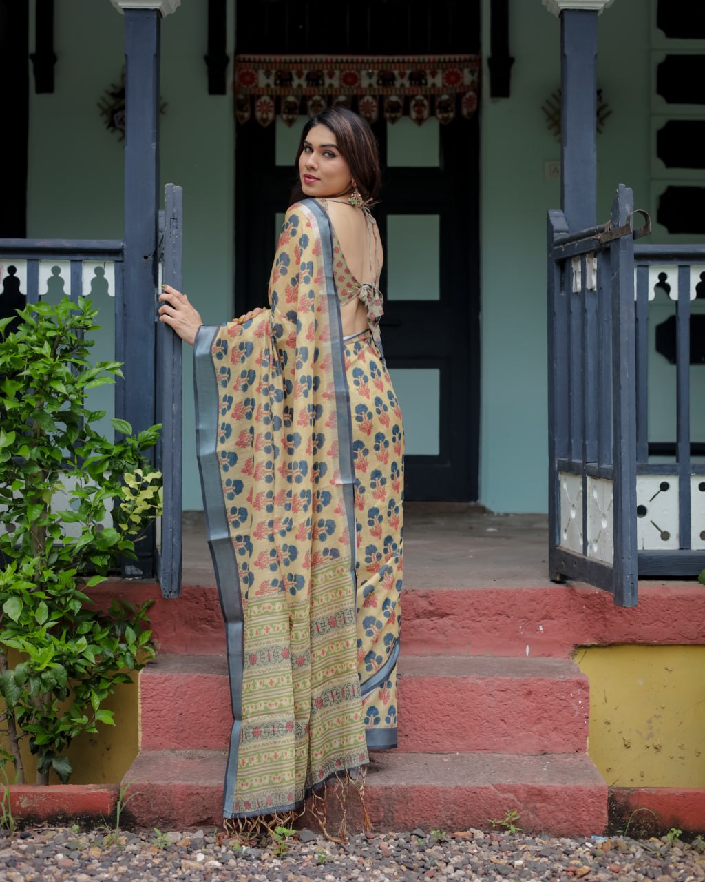Olive Bloom Linen Cotton Saree