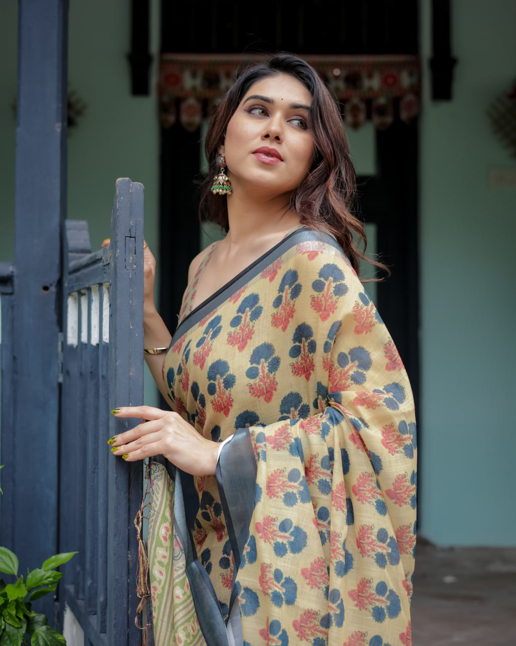 Olive Bloom Linen Cotton Saree