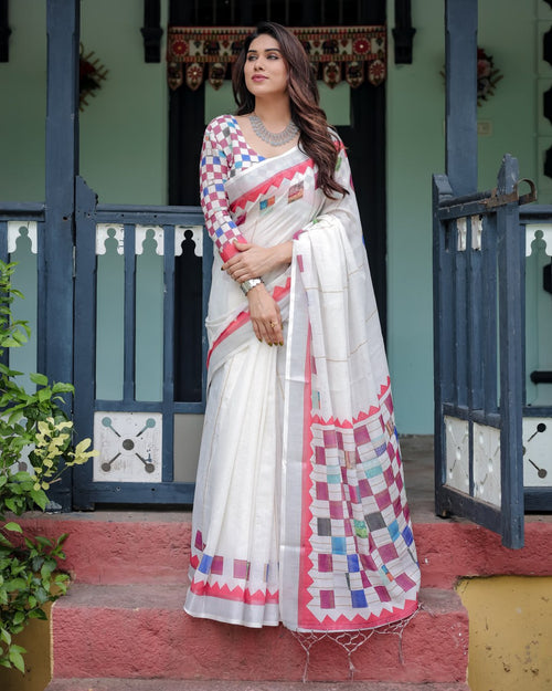 : Ivory Patchwork Linen Cotton Saree