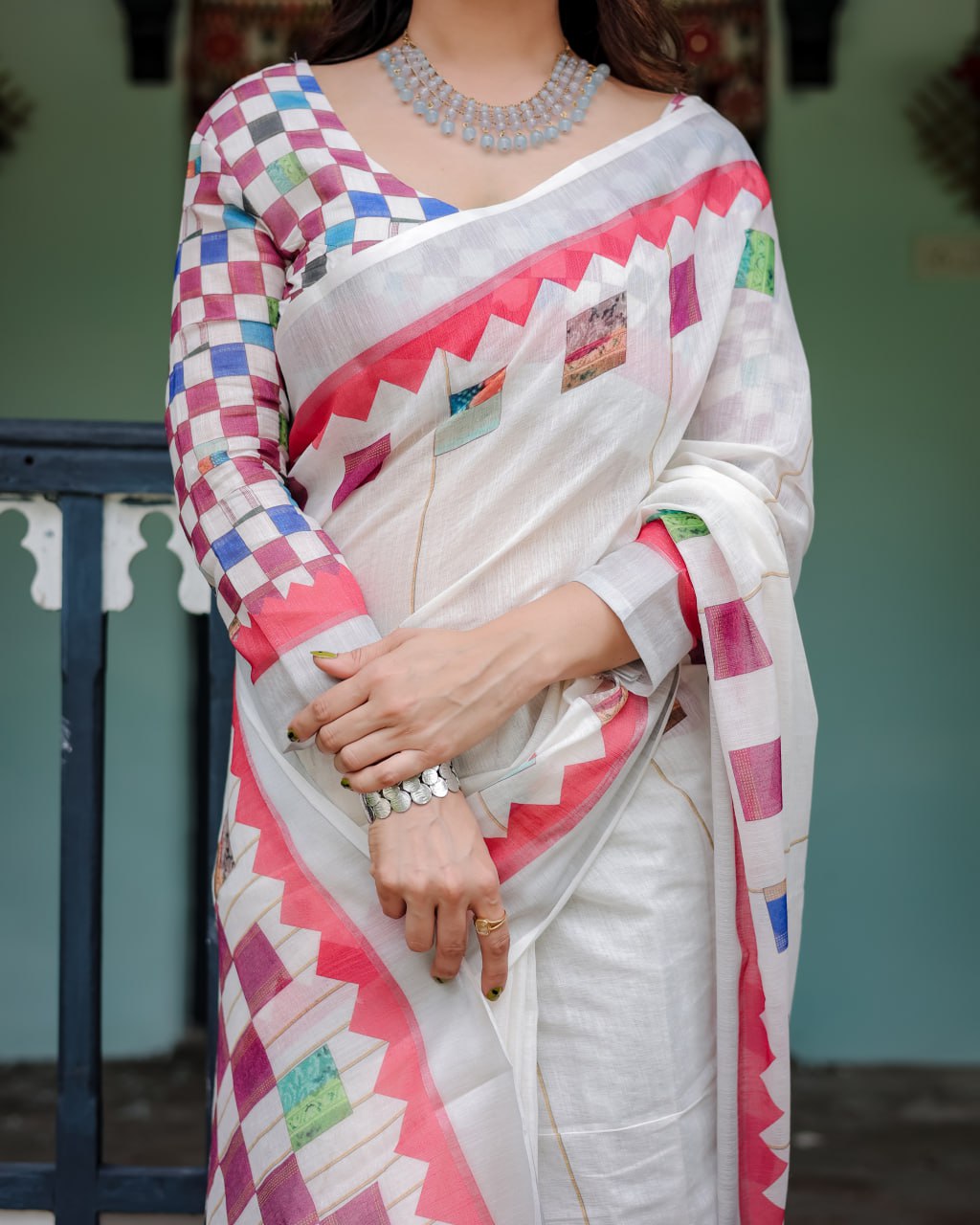 : Ivory Patchwork Linen Cotton Saree