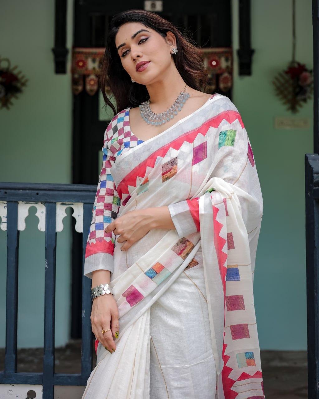 : Ivory Patchwork Linen Cotton Saree
