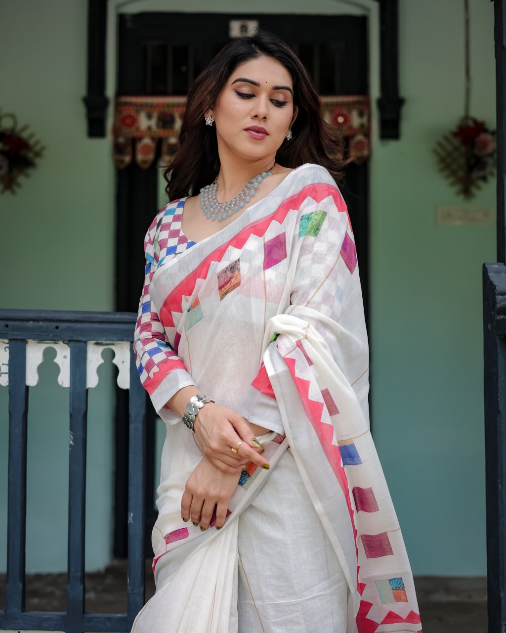 : Ivory Patchwork Linen Cotton Saree