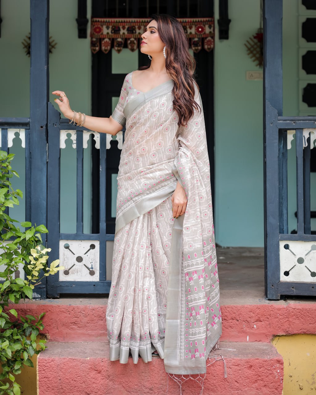 Classic Ikat Linen Cotton Saree with Pink Accents