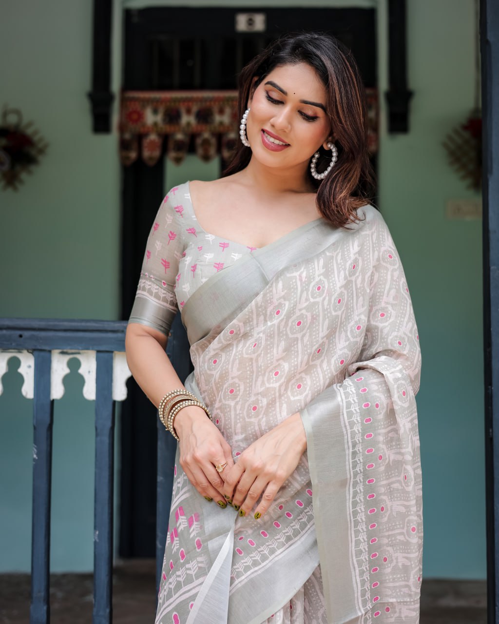 Classic Ikat Linen Cotton Saree with Pink Accents