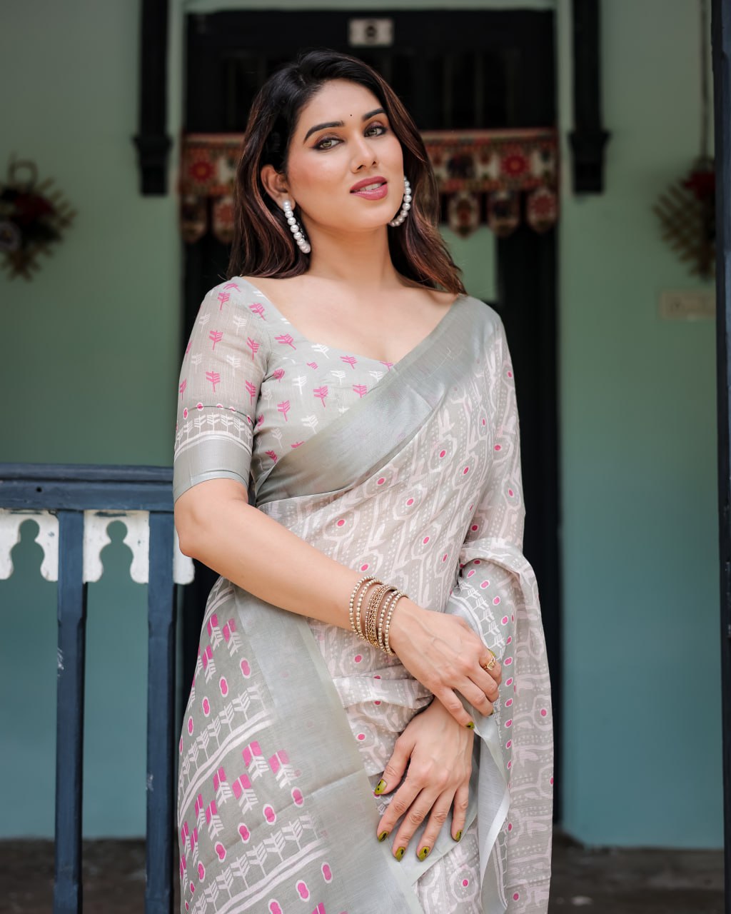 Classic Ikat Linen Cotton Saree with Pink Accents