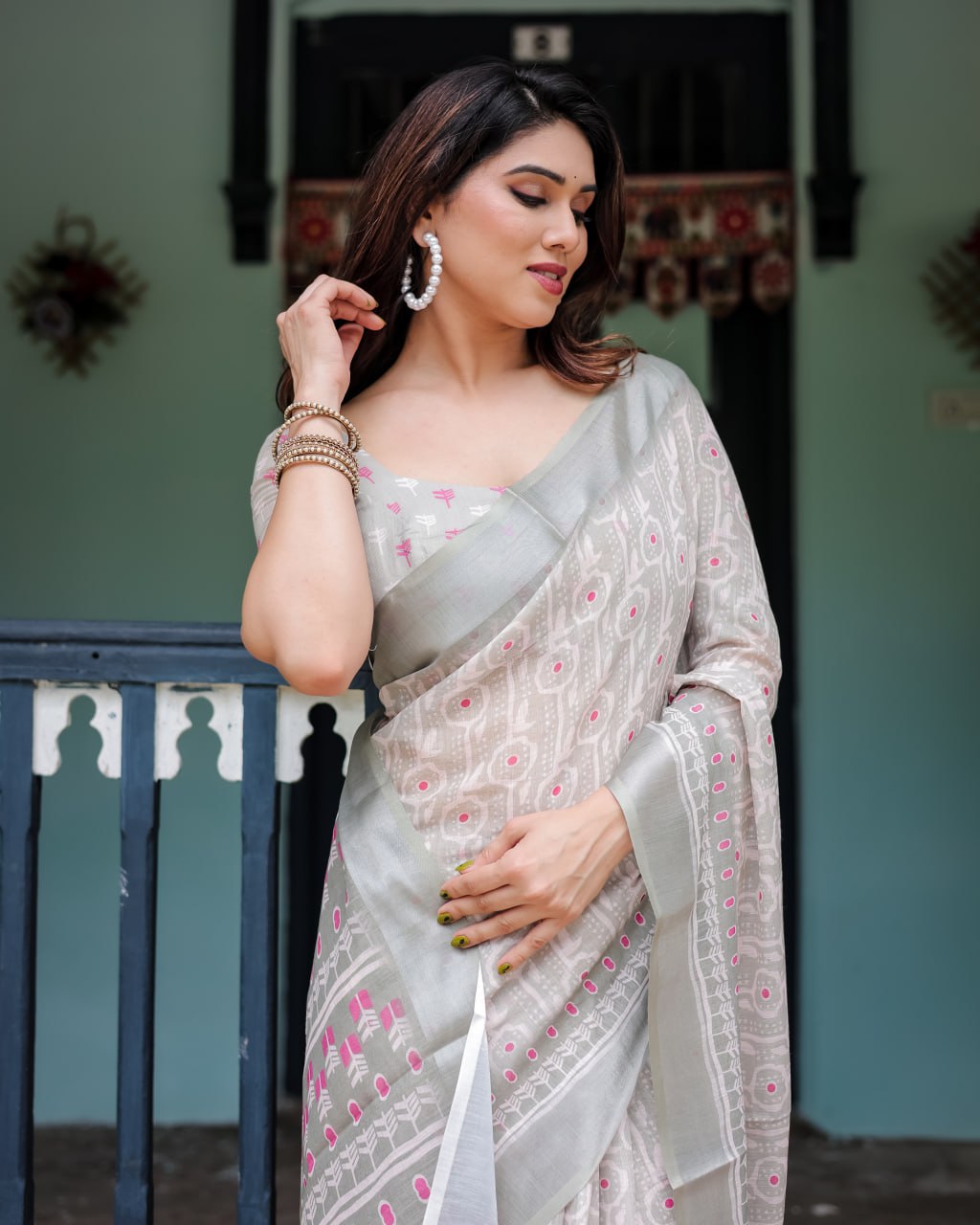 Classic Ikat Linen Cotton Saree with Pink Accents