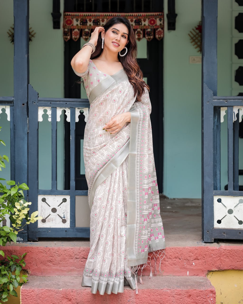 Classic Ikat Linen Cotton Saree with Pink Accents