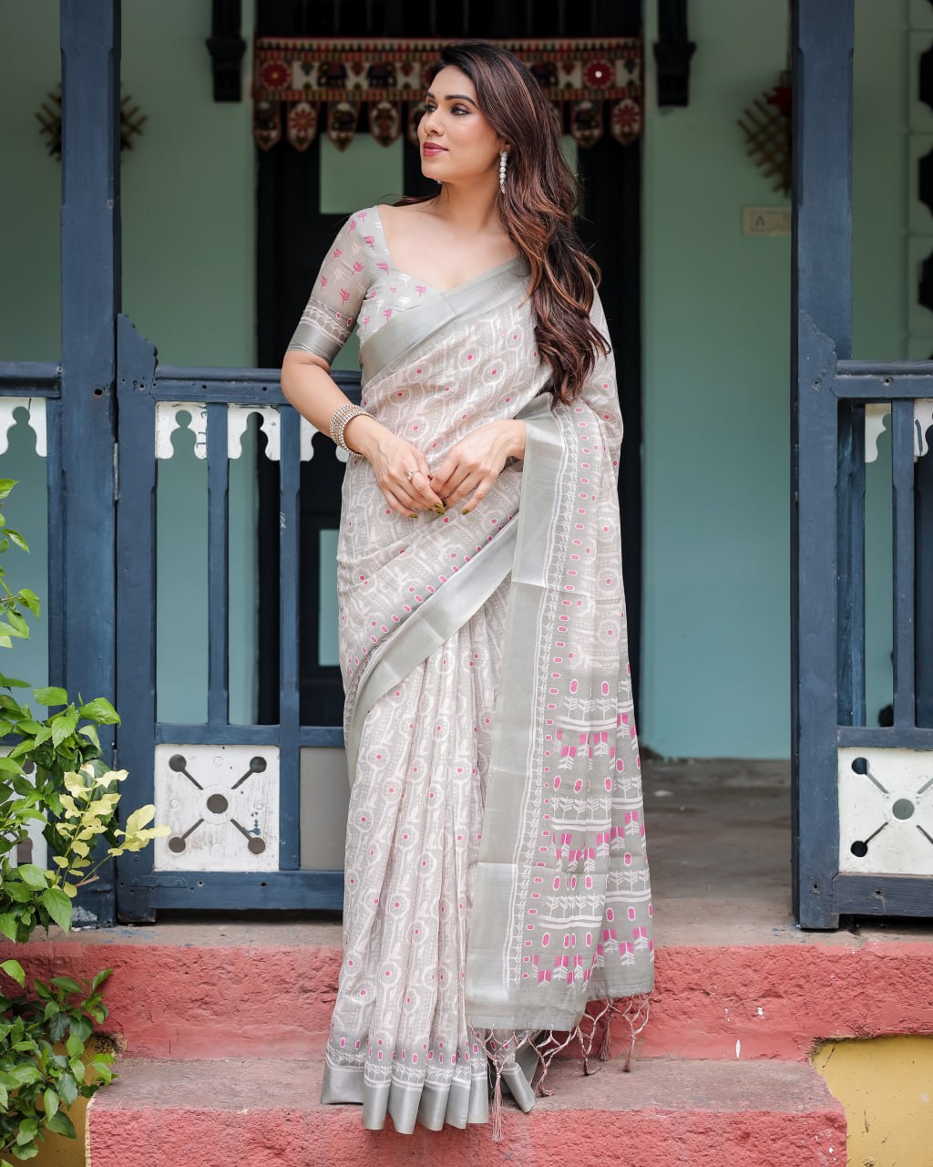 Classic Ikat Linen Cotton Saree with Pink Accents