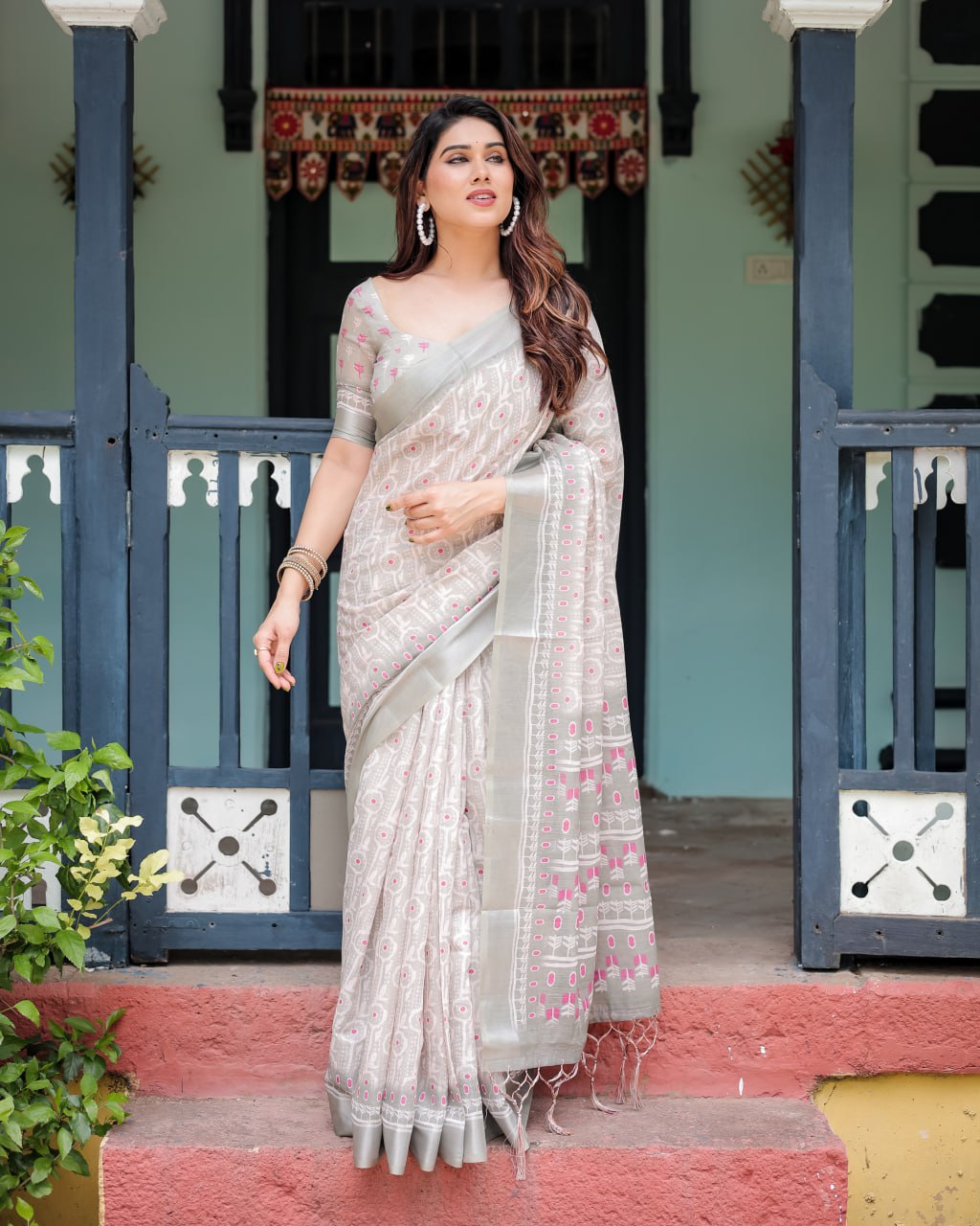Classic Ikat Linen Cotton Saree with Pink Accents