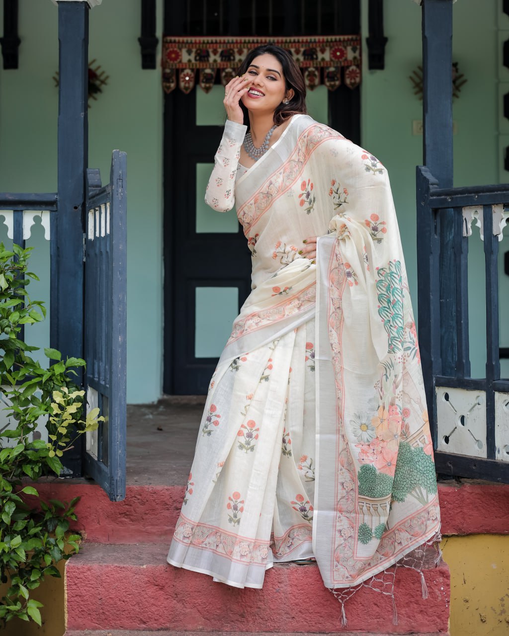 Elegant Floral Linen Cotton Saree