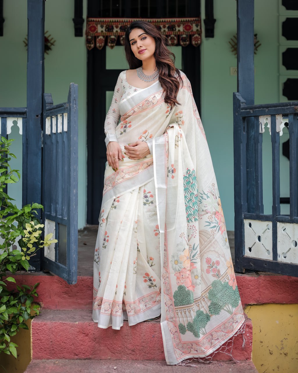 Elegant Floral Linen Cotton Saree
