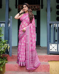 Vibrant Pink Floral Block Print Linen Cotton Saree