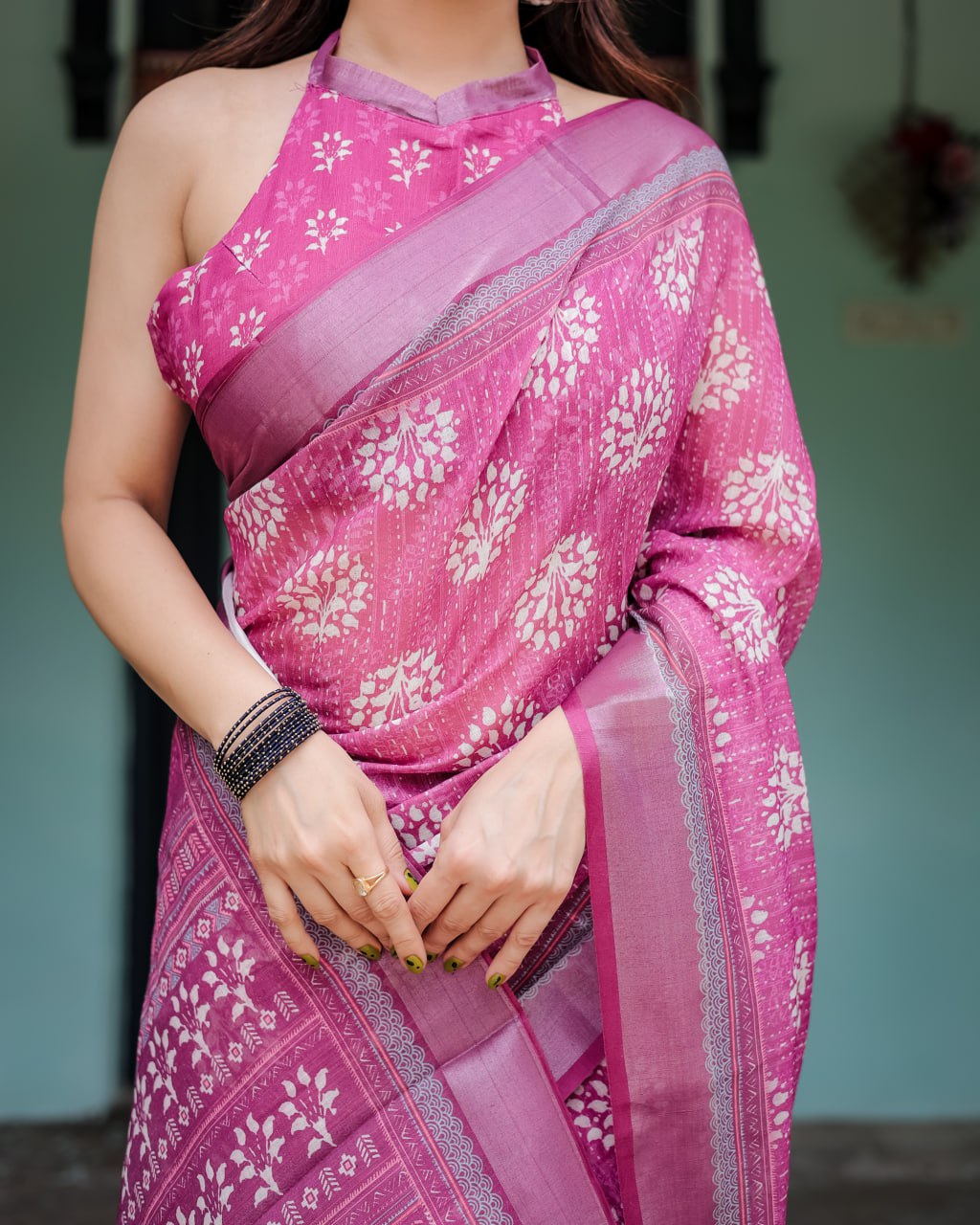Vibrant Pink Floral Block Print Linen Cotton Saree