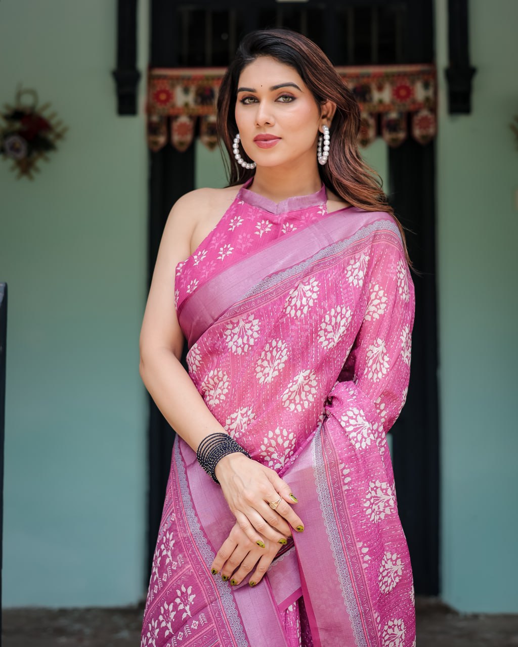 Vibrant Pink Floral Block Print Linen Cotton Saree